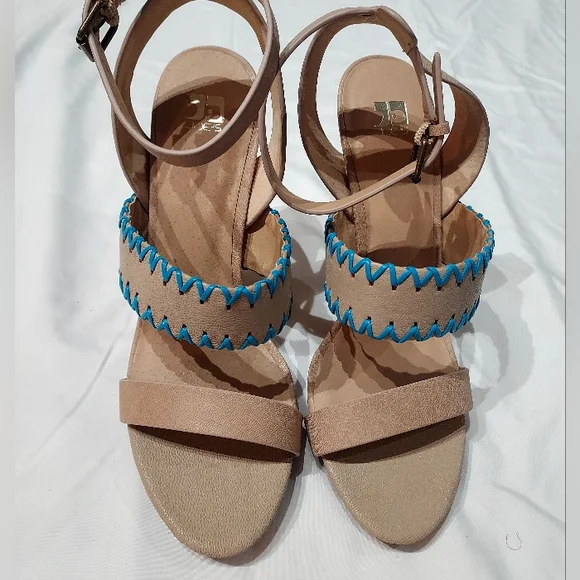 Joe's Strappy 5" Leather Heels, Turquoise Stitching, size 9.5 - Picture 3 of 6